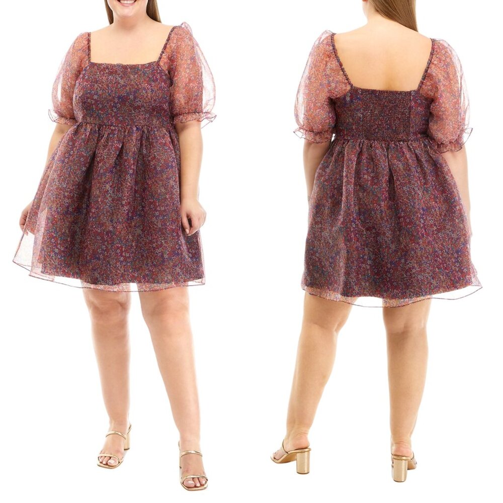 ENGLISH FACTORY Short Puff Sleeve Floral Mini Dress in Burgundy Size 1X
